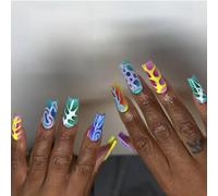 Press On Nails Square Fake With Colorful Designs False Glossy Glues On Artificial For Womens Girls Acrylic Glues On Nail For Women Clear