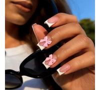 Press On Nails Square French Tip with 3D Pink Bow - Cute False Nails for Women, Short Stick On Nails, Acrylic-Like Fake Nails for Everyday Wear and Special Occasions
