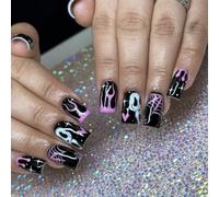 Press on Nails Square - Halloween False Nails with Glue - Black Purple Square Nail Tips with Ghost Spider Web - Removable Medium Length Acrylic Nails Full Cover Stick on Nails for Women