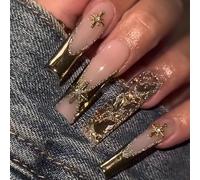 Press On Nails Square Long Fake Nails French Tip Gold Rhinestones Glitter False Nail 12 Sizes - 24Pcs