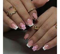 Press On Nails Square Short Fake Nails Leopard Flower False Nail French Tip Nail for Women Gifts 24Pcs