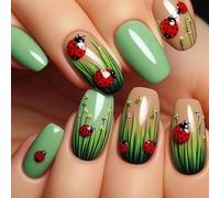 Press on Nails Square Short Length Glossy Full Cover Acrylic Square Shaped False Nails with Green Leaf Designs Artificial Short Fake Nails Glue ons Nails Stick on Fingernails for Women