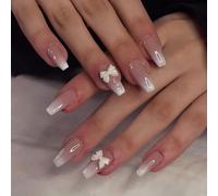 Press On Nails Squoval Medium French Tip Elegant Fake Nails White 3D Bow False Nail 24Pcs