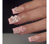 Press On Nails Squoval Short Elegant Fake Nails Light Pink 3D Bow False Nail Wraps 24Pcs