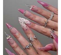 Press On Nails Stiletto 3D Bow Fake Nails Glossy Polka Dots Pink False Nail Long for Nail Art Stick on Nail with Glue Tabs 24Pcs
