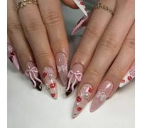 Press On Nails Stiletto Fake Nails French Tip 3D Bow Pearl False Nail Acrylic with Glue Tabs 12 sizes - 24Pcs