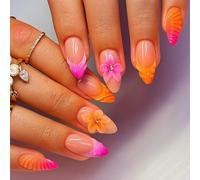 Press On Nails Stiletto Shape Pink Orange Gradient with 3D Flower Design - Long Lasting False Nails for Women Wedding Party Daily Wear, Glossy Surface, Nude Base, Shell Texture, Almond Shape, Coffin