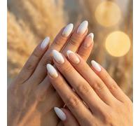 press on nails white almond short false nails glitter tips reusable strong adhesive elegant nails for women teens brides party wedding daily wear easy apply