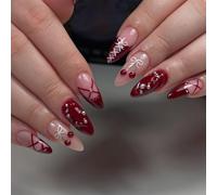 Press On Nails - Wine Almond Elegant Fake Nails with Bow Strap Cherries False Nails with Adhesive Tabs 10 Sizes - 24 Nail Kit for Cocktail