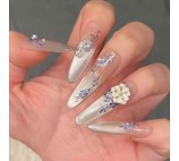 Press on Nails with 3D Floral Bow Swan Rhinestone Embellishments, Cat Eye Design, False Nail Tips, 30 Pcs (Z530)