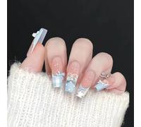 Press on Nails with 3D Floral Bow Swan Rhinestone Embellishments, Cat Eye Design, False Nail Tips, 30 Pcs (Z522)