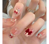 Press on Nails with 3D Floral Bow Swan Rhinestone Embellishments, Cat Eye Design, False Nail Tips, 30 Pcs (Z556)