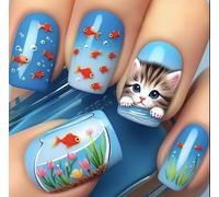 Press on Nails with Cats and Ocean Theme, Blue False Nails Set with File and Adhesive Pads, 24 Count
