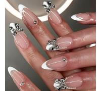 Press On Nails With French Tip Metal Bows Designs 24Pcs Artificial For Women Stick On Manicure Art Length Nail