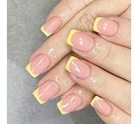 Press On Nails Yellow Fake Nails Square French Tips Full Covers False With Designs 24 Pcs Stick On For Women Stick Nail