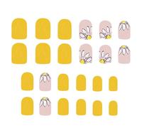 Press On Nails Yellow Short Square False Nails With Floral Designs Glossy Full Covers Stick On Nails For Women 24 Pcs