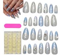 Press on the light blue nails, blue on the nails, 24 pieces medium acrylic nails, press on the nails, DIY artificial toothed wreath with French tip, women hand beauty for women