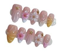 Press-on Tips 30 Piece Almond Pieces, ABS Fake Tips with Raised Flower, Glossy Nude Look for At Home Manicure Changes Stick on Artificial Wearable Floral Manicure Nude Date Night Photo