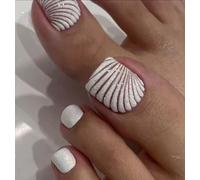 Press on Toe Nails with Glitter Shell Design, White, Square Shape, 24 Pieces, with Nail File and Pads