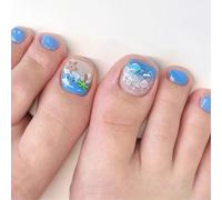 Press On Toenails False Toe Nails Blue Toe Nails Wiht Beach Design Acrylic Toenail Vacation Stick Ons For Women 24Pcs Glossy False Toenails