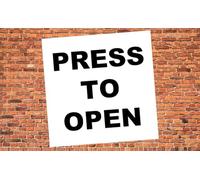 Press to Open Sign Door Entry/Exit Notice Self Adhesive External Vinyl Sticker 125mm x 125mm
