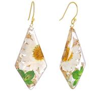 Pressed Flower Handmade Earrings Dangle Geometric Rhombus Sterling Silver Stud with Daisy,Nature Fern Leaf, Rice Flower and Gold Foils in Resin Drop for Women, S, Resin, No Gemstone