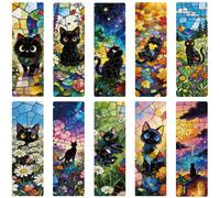 PRESSINART 10Pcs 10 Styles Fantasy Cat Bookmark 5.9 x 2 Inch Stain Glass Bookmark Black Cat Cute Acrylic Rectangle Transparent PVC Book Marks Gifts for Men Women Reading Lovers Journal Accessories