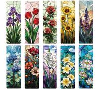 PRESSINART 10Pcs Floral Book Marks 5.9 x 2 Inch Acrylic Bookmarks for Crafts Stained Window Glass Bookmarks Rose Sunflower Lily Lotus Design Rectangle Book Marker for Men Women Readers Writers Gifts