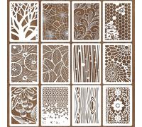 PRESSINART 12Pcs 12 Styles Mixed Media Stencils Wall Texture Templates 12 x 8 Inch Trees Flowers Leaves Geometric Pattern Reusable PET Plastic Hollow Out Drawing Stencil for Wood Wall DIY Art Crafts