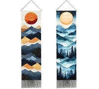 PRESSINART 2 Pcs 2 Styles Boho Long Vertical Tapestry Moon Mountain Tapestry Forest Tree Aesthetic Nature Landscape Art Black Tassels Wall Hanging for Bedroom Living Room Office Studios Decoration