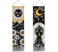PRESSINART 2 Pcs 2 Styles Sun and Moon Long Tapestry Vertical Tarot Tapestry Mountain Sunflower Moon Goddess Mysterious Art Black Tassels Wall Hanging for Bedroom Living Room Office Home Decoration