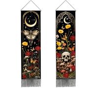 PRESSINART 2 Pcs 2 Styles Witchy Gothic Tapestry Moth Tapestry for Bedroom Moon Skull Mushroom Flower Moth Art Black Tassels Long Vertical Wall Hanging for Living Room Office Studios Home Decoration