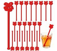 PRESSINART 20Pcs Cherry Bow Drink Stirrers for Cocktails 5.9 x 1.2 Inch, Acrylic Swizzle Sticks Reusable Red Decorative Coffee Stirrers for Wedding Birthday Bridal Shower Cocktail Supplies