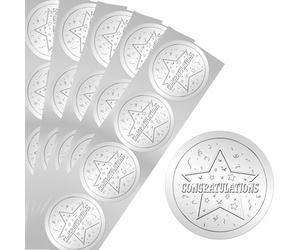 PRESSINART 25 Sheets 100Pcs Embossed Star Stickers Silver Foil Embossed Stickers Word Congratulations Star Envelope Seals Medal Decoration for DIY Scrapbook Graduation Certificate Invitations Card