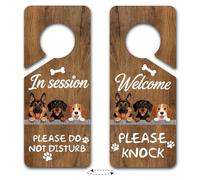 PRESSINART 2Pcs 2 Styles Do Not Disturb Door Sign Dog PVC Double Sided 9 x 4 Inch Durable Sign, Door Knob Hanger Please Knock Funny Notice Plaque for Office Home Meeting Room Study Space Decoration