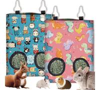 PRESSINART 2Pcs 2 Styles Hanging Rabbit Hay Feeder Bag with 2 Holes 11.6 x 9.1 Inch, Guinea Pig Hay Holder Small Animal Dinosaur Pattern Cloth Washable Feeding Holders for Bunny Chinchillas Hamsters