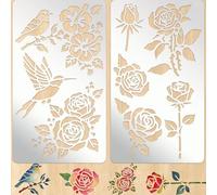 PRESSINART 2Pcs 2 Styles Metal Stencil Flower Templates for Wood Burning 4 x 7 Inch, Stainless Steel Stencils Set Rose Bird Pattern for Wood Carving Engraving Drawing DIY Scrapbooking Journal Crafts