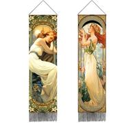 PRESSINART 2Pcs 2 Styles Mucha Tapestry Wall Hanging Vertical Aesthetic Long Narrow Hanging Poster Vintage Wall Tapestry for Living Room Bedroom Bathroom Office Studios Home Art Decor