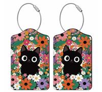 PRESSINART 2Pcs Black Cat Luggage Tags PU Leather Luggage Tag with Loop 4.5 x 2.8 Inch Flower Animal Pattern Rectangle Modern Unique Travel Bag ID Identifier Labels for Suitcase Baggage Backpacks