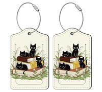 PRESSINART 2Pcs Cat Luggage Tags for Suitcases 4.5 x 2.8 Inch PU Leather Luggage Tag with Loop Black Cat Book Pattern Rectangle Unique Travel Bag ID Identifier Labels for Suitcase Baggage Cruise Bag