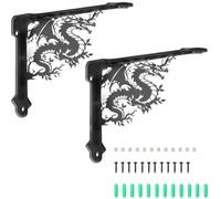 PRESSINART 2Pcs Dragon Wall Brackets 6.77 x 8.27 x 0.08 Inch Heavy Duty Decorative Shelf Brackets Fouth Wing Design Black Iron Wall Mount Ornate Right Support Holder for Kitchen Bedroom Decoration
