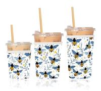PRESSINART 3 Pack Iced Coffee Cup Sleeve Reusable Bee Pattern in 3 Sizes, Neoprene Cup Sleeve Insulated Universal Fit 16-32oz for Iced and Hot Drinks Cold Beverages Tumblers Mugs Travel Daily Use