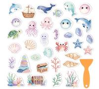 PRESSINART 34Pcs 34 Style Ocean Theme Shower Floor Anti Slip Decals, Bathtub Grip Sticker Sea Animals Boat Treasure Pattern Self Adhesive Safety Stickers with Scraper for Tub Tiles Bathroom Decor