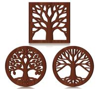 PRESSINART 3Pcs Dark Wood Trivets for Hot Dishes Pots and Pans Brown Style 2 Sizes Trivet Mat Sets Square Flat Round with Tree of Life Design, Heat Resistant Tea Pot Holders for Kitchen Dining Table