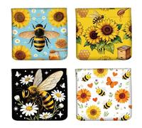 PRESSINART 4Pcs 4 Styles Leather Squeeze Pouch Honey Bee Coin Purse Sunflowers Bees Pattern Small Wallet Waterproof Durable Mini Cute Change Bag Ideal for Women Men Shopping Daily Use Birthday Gift