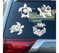 PRESSINART 4Pcs 4 Styles White Hibiscus Car Decal Sea Turtle Car Sticker Flower Turtle Pattern Reflective Bike Stickers PET Waterproof Self Adhesive for Motorcycle Truck Bumper Decor 7.9 x 7.9 Inch