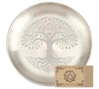 PRESSINART 5.55 Inch Large Altar Plate for Candle Tree of Life Pattern | Metal Offering Bowl Sliver Flat Stainless Steel Candle Plate Includes Altar Card for Rituals Burning Incense Ceremonies Decor