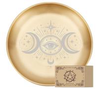 PRESSINART 5.55 Inch Witch Altar Tray for Candles Moon Devil Eye Pattern | Metal Candle Plate Round Stainless Steel Gold Flat Bowl Includes Altar Card for Rituals Burning Incense Ceremonies Decor