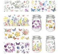 PRESSINART 5 Sheets 5 Styles Flower UV DTF Cup Wraps 9.44 x 4.33 Inch Rub on Transfer Stickers for 16OZ Glass Cups Flower Butterflies Plastic Waterproof Transfer Decals For Glass Tumbler DIY Crafts