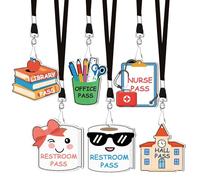 PRESSINART 6 Pcs 6 Styles School Nurse Office Pass Nurse Passes Cartoon Pattern Classroom Restroom Library Hall Durable Wooden Slips with Lanyards Students Teacher Staff Organization Supplies Gift